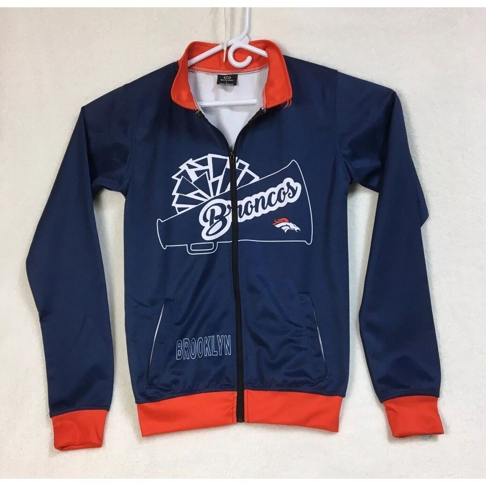 Broncos Satin Jacket Womens Sz L Blue Orange Full Zip Logo Cheerleading
